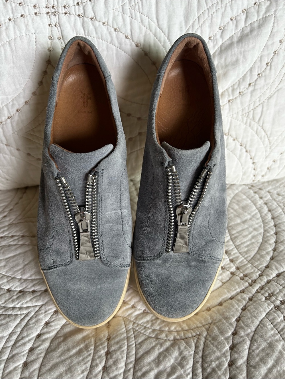 Frye “Lena” Gray Suede Slip-On Sneakers with Zipper Detail